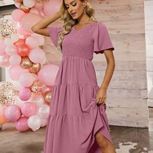 WEESO Women's 2023 Summer Casual Flutter Short Sleeve V Neck Smocked Dress